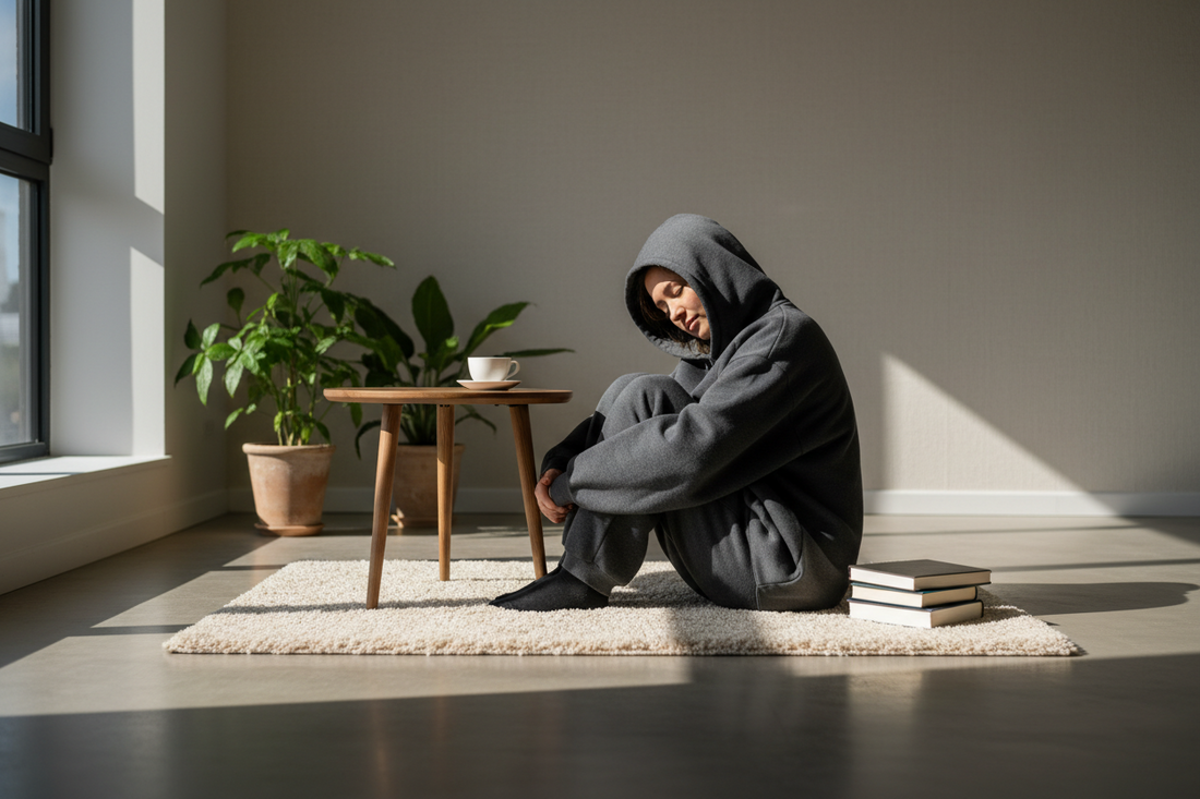 Person relaxing in a cozy hoodie in a calm setting to reduce overthinking and support nervous system balance