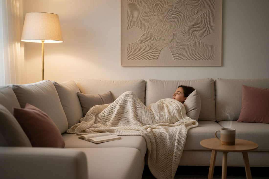Cozy throw blanket on a couch creating a calm space for self care, boundaries, and nervous system relaxation