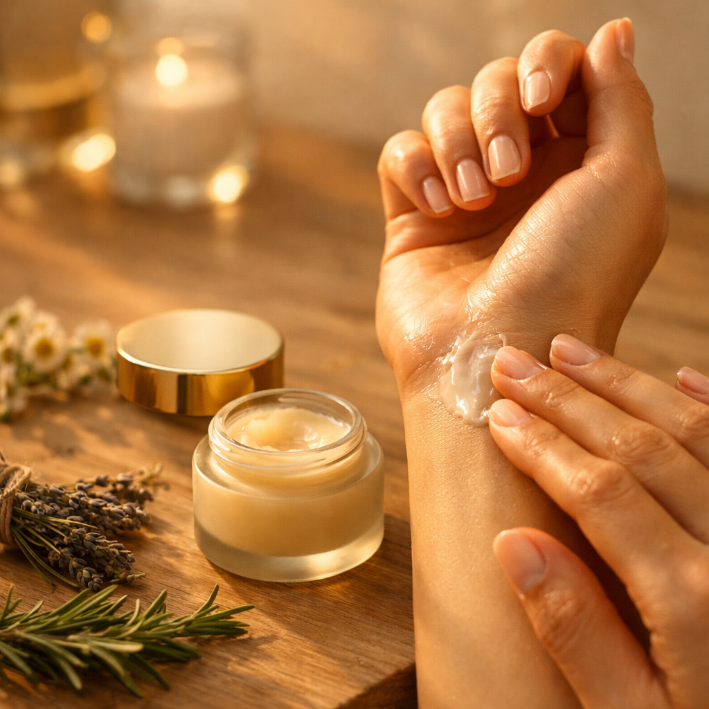 Person applying cream to their hand with a jar of cream and lavender on a wooden surface.