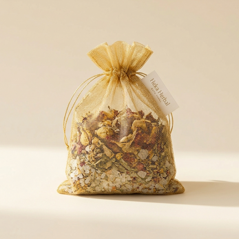 Herbal bag with a label on a beige background