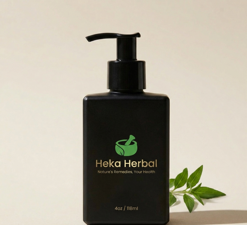 Black bottle with pump dispenser labeled 'Heka Herbal' on a beige background.