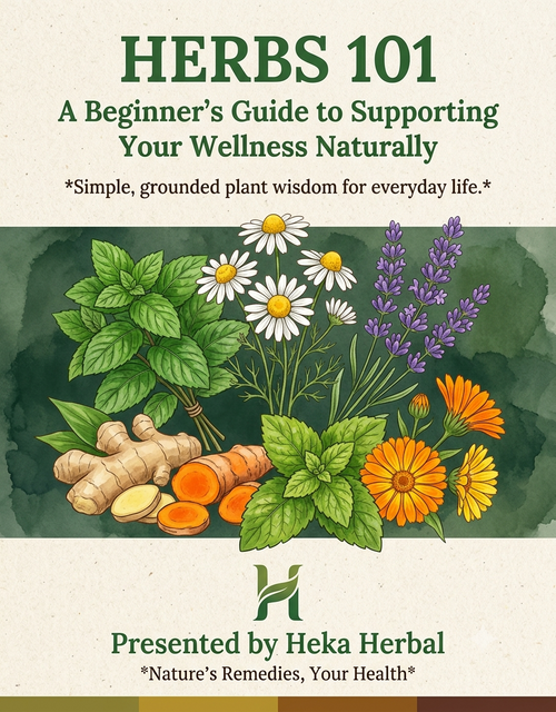 Book cover for 'Herbs 101: A Beginner's Guide to Supporting Your Wellness Naturally' presented by Heka Herbal, featuring an illustration of various herbs and roots on a split cream and dark green background.