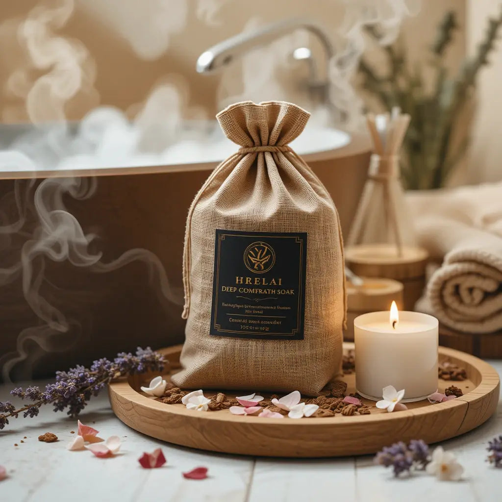 Heka Herbal natural bath soak for tension in a rustic pouch with candles and flowers by a steaming bathtub